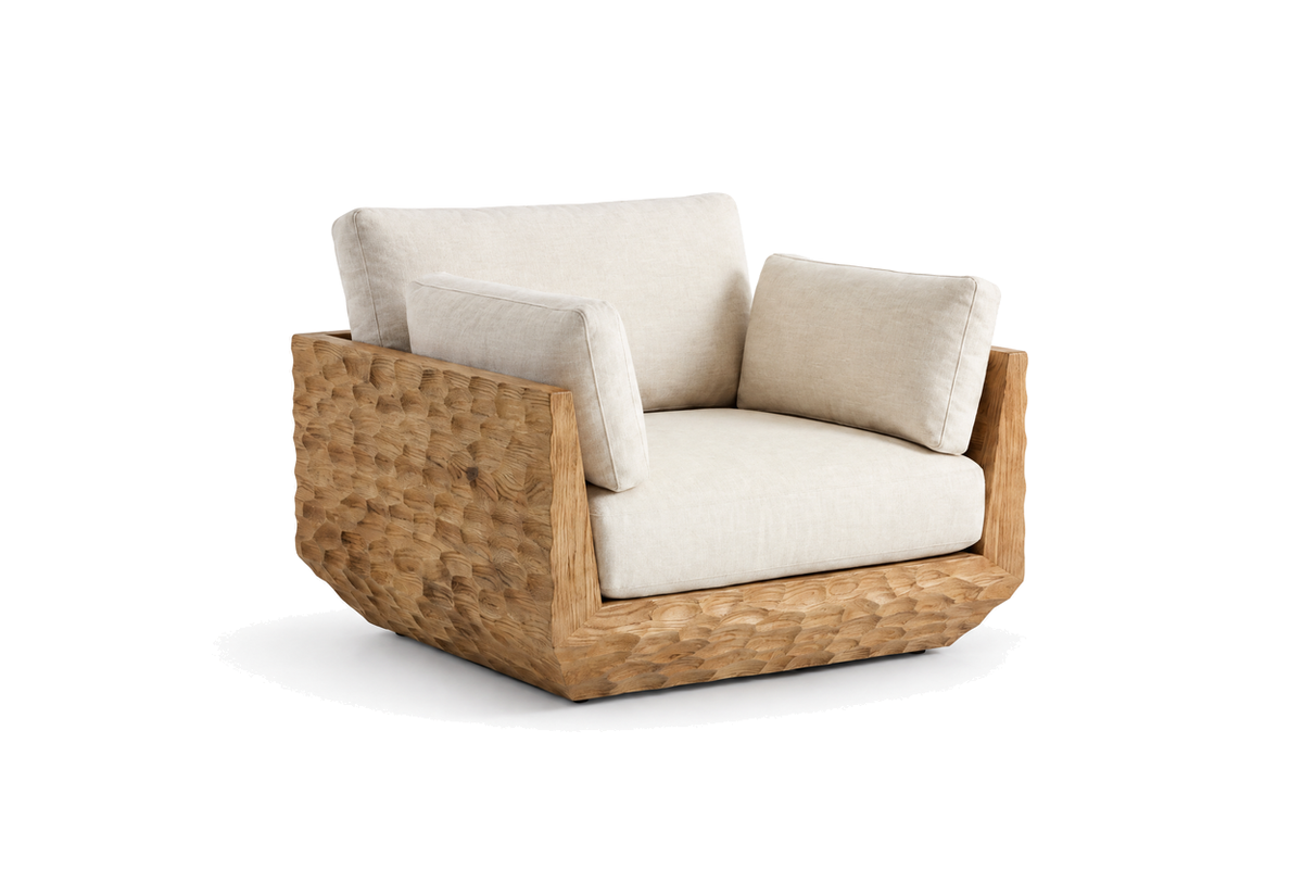 House of Coda Anchor teak chair with white cushions, shown from the front on a white background.