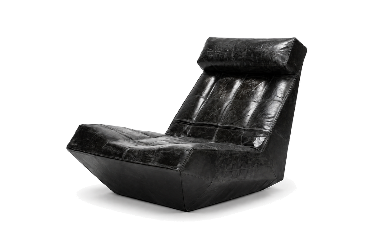 House of Coda Basalt distressed black leather lounge chair on a white background.