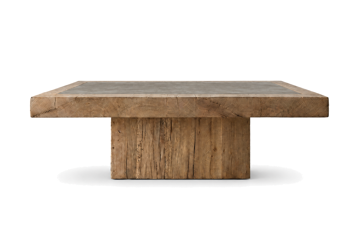 House of Coda Bedrock reclaimed teak and concrete dining table on a white background.