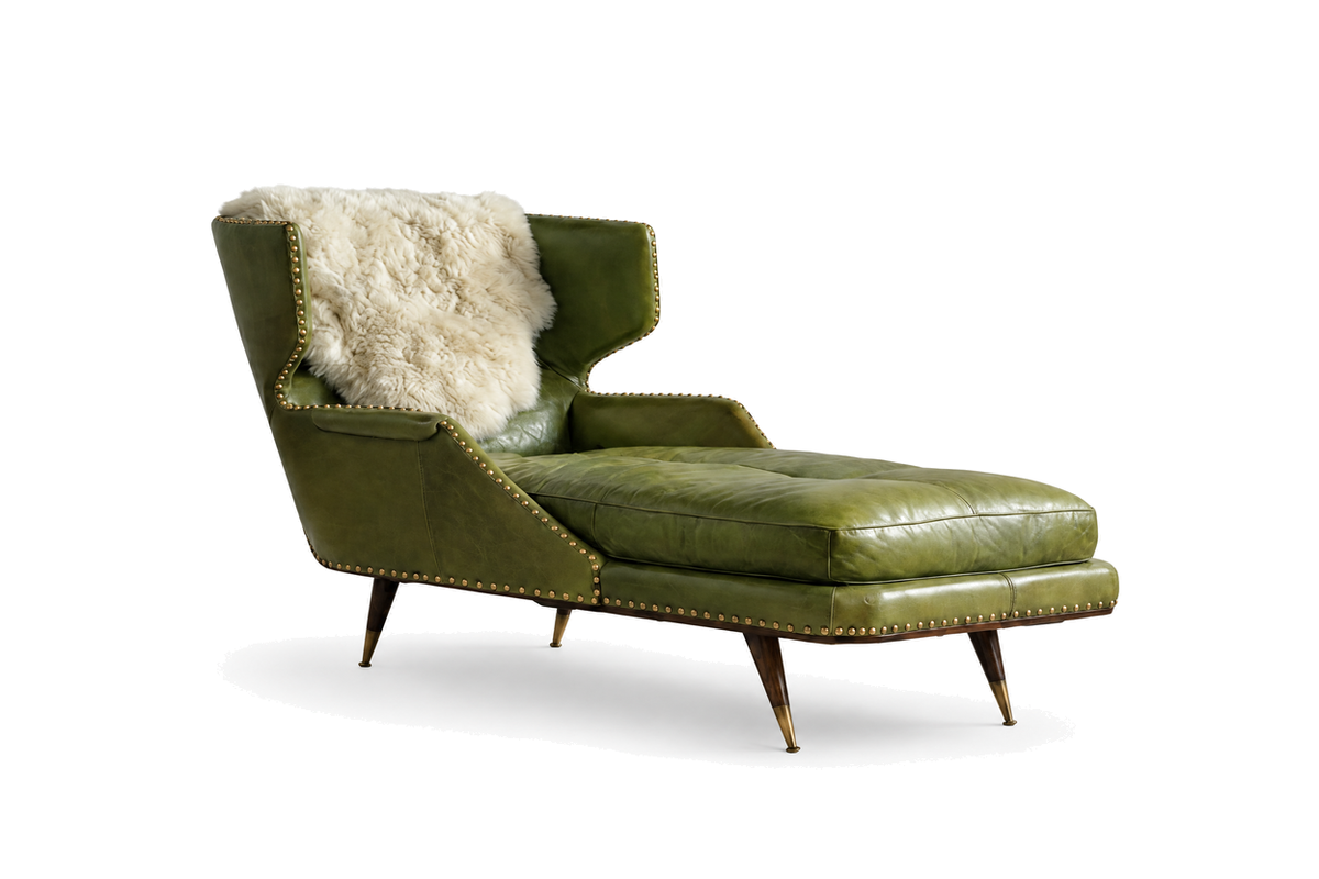 House of Coda olive leather and teak chaise on a white background.