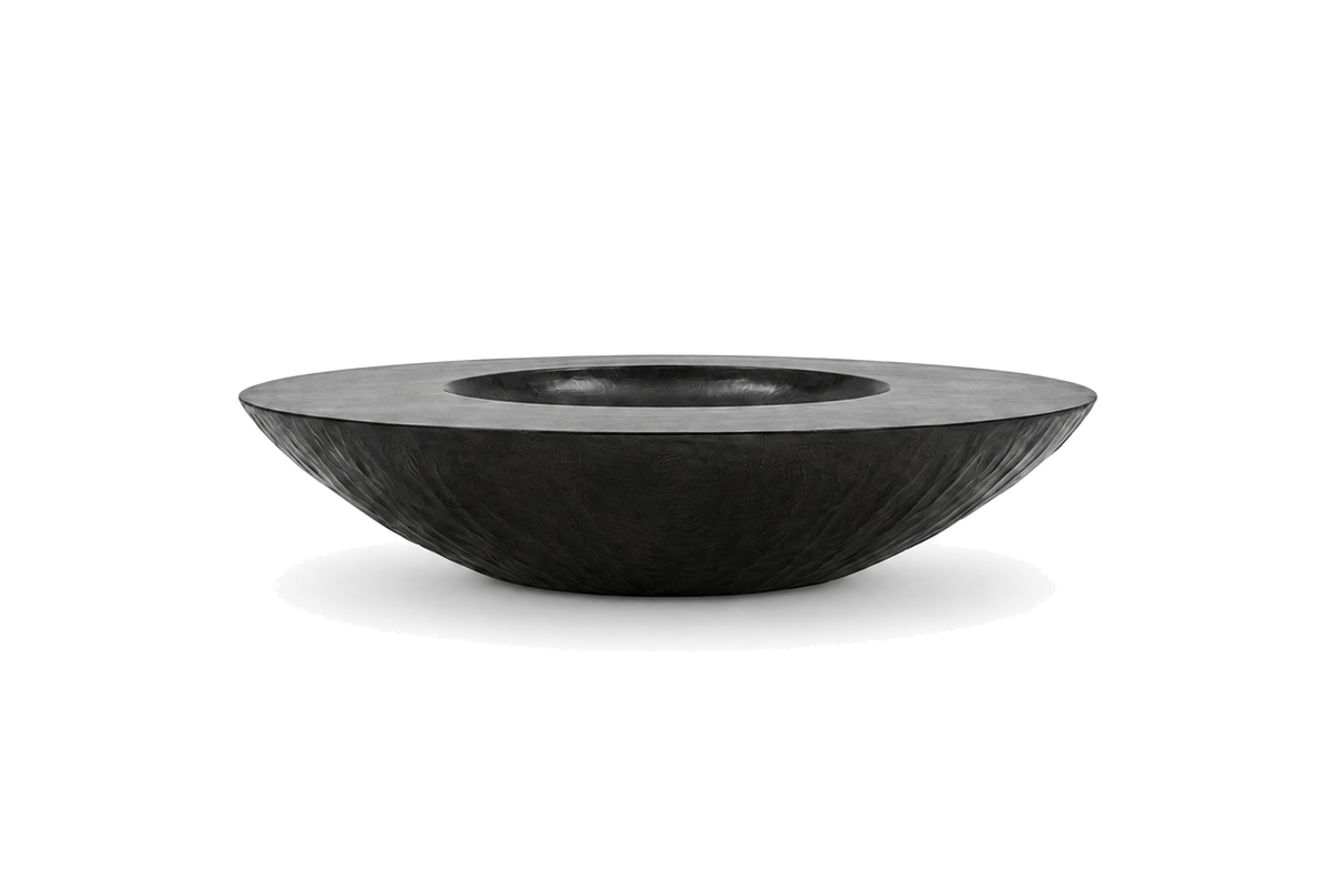 House of Coda Caldera teak bowl table on a white background.