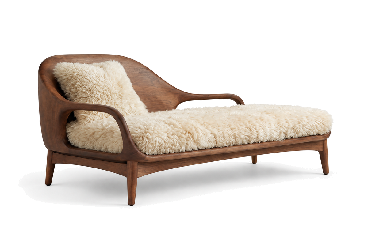 House of Coda Drift teak chaise with white fur upholstery on a white background.