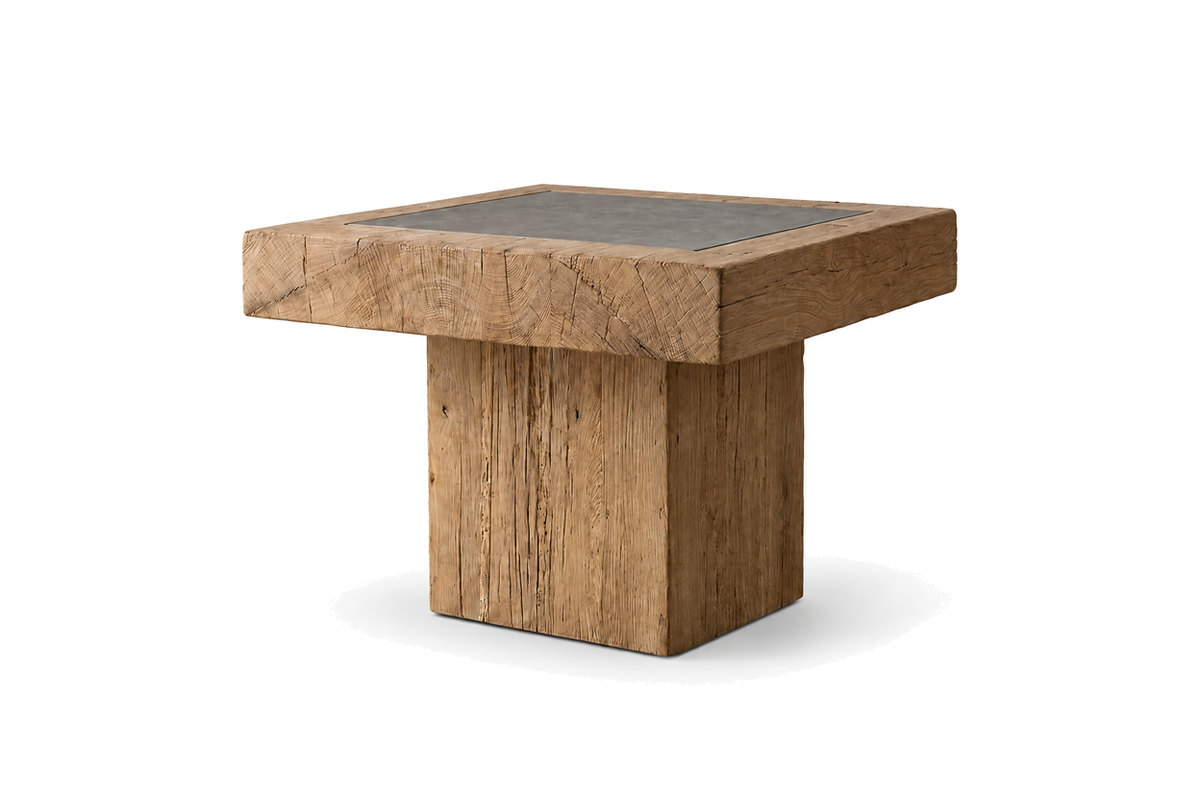 House of Coda Plinth teak side table on a white background.