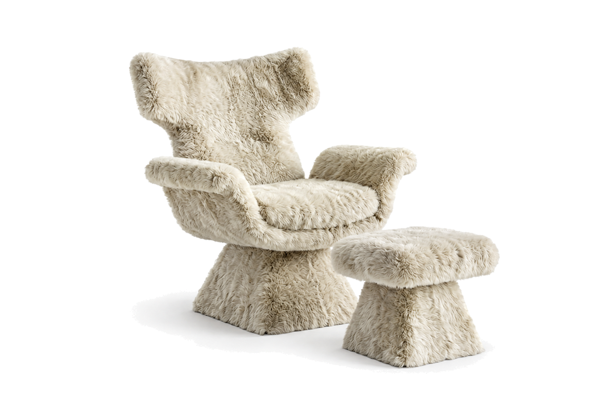 House of Coda Veil wing chair and matching ottoman with white textured upholstery on a white background.